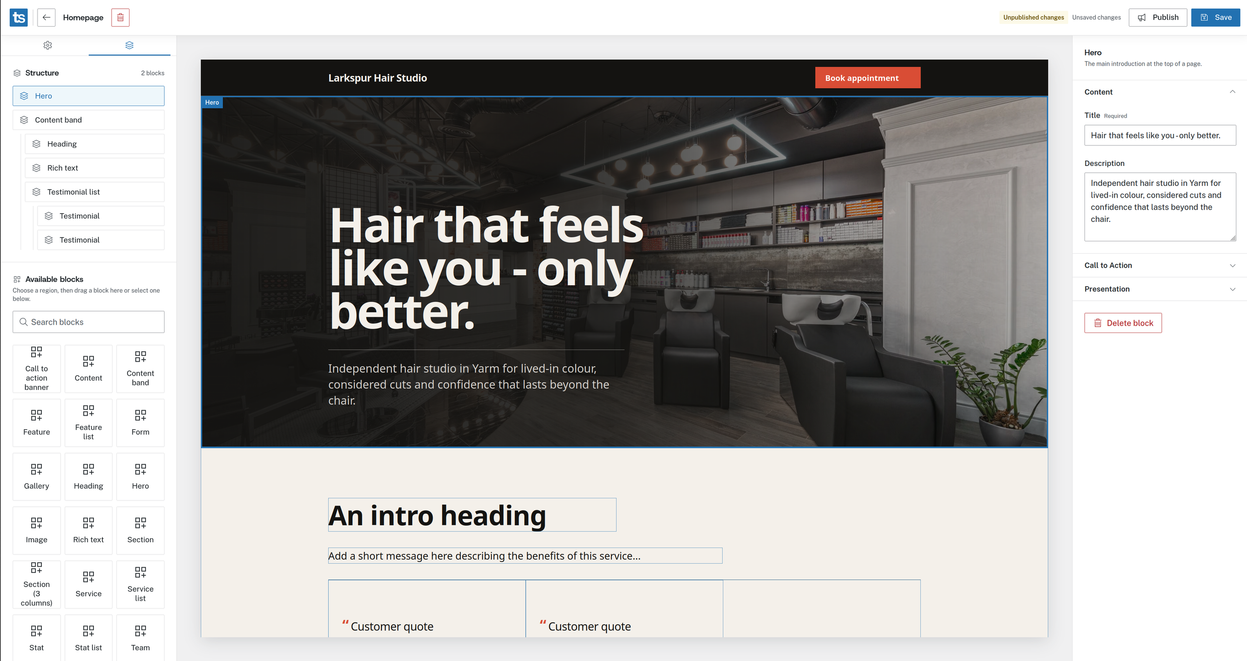 Tees page editor showing the block structure panel, live preview and block settings side by side